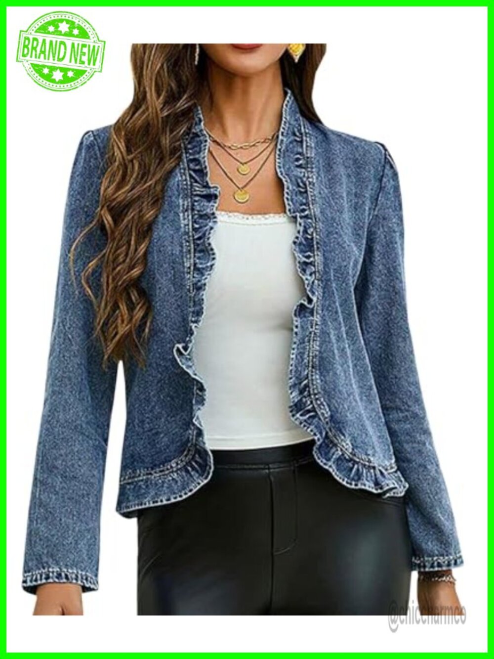 Casual Open Front Denim Jacket Ruffle Trim Long Sleeve Slim Cropped